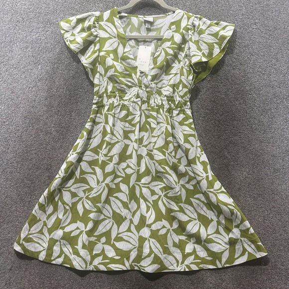 a new day Dresses & Skirts - A New Day Mini Dress Women XS Green Floral Leaf Print Flutter Sleeve Sundress